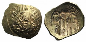 Andronicus II Palaeologus and Michael IX (1282-1328). AV Hyperpyron (24mm, 4.64g, 6h). Constantinople, c. 1294-1303. Half-length figure of the Theotok...