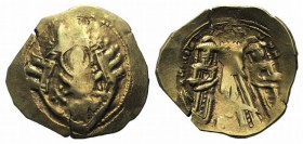 Andronicus II Palaeologus and Michael IX (1282-1328). AV Hyperpyron (24mm, 3.78g, 6h). Constantinople, c. 1294-1303. Half-length figure of the Theotok...