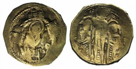 Andronicus II Palaeologus and Michael IX (1282-1328). AV Hyperpyron (23mm, 4.10g, 6h). Constantinople, c. 1294-1303. Half-length figure of the Theotok...