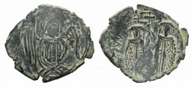 Andronicus II Palaeologus and Michael IX (1282-1328). Æ Trachy (23mm, 2.01g, 6h). Constantinople. Seraph facing, holding two sceptres. R/ Andronicus o...
