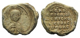 Byzantine Pb Seal, c. 7th-12th century (20mm, 6.92g, 12h). Facing bust of Theotokos. R/ Legend in six lines. VF