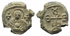 Byzantine Pb Seal, c. 7th-12th century (21mm, 7.05g, 12h). Facing bust of Theotokos. R/ Invocative monogram. Good VF
