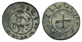 Cilician Armenia, Levon the Usurper (1363-1365). Æ Pogh (15mm, 1.81g). King seated facing holding cross and fleur-de-lis. R/ Cross pattée. Cf. AC 2024...