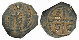 Crusaders, Antioch. Tancred (Regent, 1101-03, 1104-12). Æ Follis (21mm, 3.07g, 3h). St. Peter standing facing, raising hand and holding cross-tipped s...