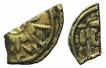 Italy, Sicily. Messina or Palermo. Guglielmo II (1166-1189). AV Tarì fragment (9mm, 0.28g). Legend around central pellet-in-annulet. R/ Cross-tipped s...