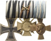 Ordensspangen
Spange mit 3 Auszeichnungen Preußen - Eisernes Kreuz 1914, 2. Klasse. Drittes Reich - Ehrenkreuz des Weltkrieges 1914-1918. Bayern - Kö...