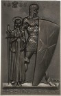 Eisengussmedaillen
 Einseitige Eisengussplaketten - 1935 (Encke/Lauchhammer) Neujahrsplakette. Ordensritter mit Schild und Schwert beschützt Heilige ...