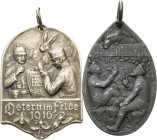 Erster Weltkrieg
 Versilberte Bronzemedaille 1916. Ostern im Felde. Dazu Zinkabzeichen Ostern 1916. 2 Stück. Vorzüglich