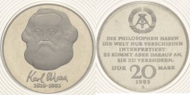 Gedenkmünzen Polierte Platte
 20 Mark 1983. Marx Im verplombten Originaletui Jaeger 1592 Polierte Platte