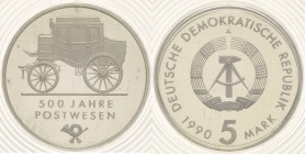 Gedenkmünzen Polierte Platte
 5 Mark 1990. Postwesen. Im verplombten Originaletui Jaeger 1631 Polierte Platte