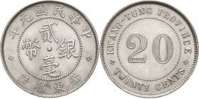 China
Republik 1912-1949 20 Cents (1 Mace und 4,4 Candareens) 1912 (= Jahr 1). Provinz Kwangtung KM Y 423 Vorzüglich-Stempelglanz