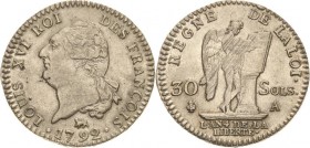 Frankreich
Ludwig XVI. 1774-1793 30 Sols 1792 (AN 4), A-Paris Gadoury 39 Duplessy 1720 Revers leicht justiert, prägefrisch