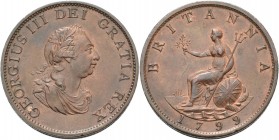 Großbritannien
George III. 1760-1820 1/2 Penny 1799, Soho Mint, Birmingham Spink 3778 Fast prägefrisch