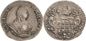 Russland
Elisabeth I. 1741-1761 Grivennik (10 Kopeken) 1756, MB-Moskau Bitkin 231 Sehr schön+