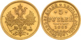 Russland
Alexander II. 1855-1881 5 Rubel 1863, SPB/MN-St. Petersburg Bitkin 9 Friedberg 163 Schlumberger 120 GOLD. 6.52 g. Kl. Randfehler, Revers kl....