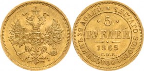 Russland
Alexander II. 1855-1881 5 Rubel 1869, SPB/NI-St. Petersburg Bitkin 17 Friedberg 163 Schlumberger 128 GOLD. 6.53 g. Min. Randfehler, vorzügli...