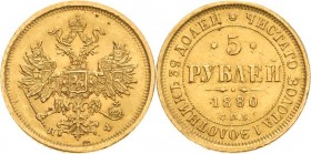 Russland
Alexander II. 1855-1881 5 Rubel 1880, SPB/NF-St. Petersburg Bitkin 29 Friedberg 163 Schlumberger 140 GOLD. 6.54 g. Kl. Randfehler, Revers kl...