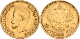 Russland
Nikolaus II. 1894-1917 10 Rubel 1899, AG-St. Petersburg Bitkin 6 Schlumberger 203 Friedberg 179 GOLD. 8.66 g. Sehr selten. Sehr schön
