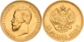 Russland
Nikolaus II. 1894-1917 10 Rubel 1909, SB-St. Petersburg Bitkin 14 (R) Schlumberger 212 Friedberg 179 GOLD. 8.60 g. Selten. Kl. Randfehler, f...