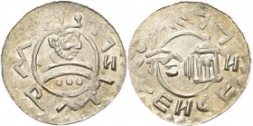 Böhmen
Wratislaus II. 1061-1092 Denar Gekröntes Brustbild,WRATIZLVS / Hand mit Fahne aus Kapelle, S WENCEZLV Cach 354 Slg. Donebauer 324 0.56 g. Vorz...