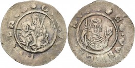 Böhmen
Wladislaus I. 1110-1113 Denar Herzog auf Thron, vor Ihm kniende Gestalt (Belehnungsszene), +DVX VVLADISLAVS / Brustbild des Hl. Wenzel mit Spe...