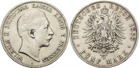 Preußen
Wilhelm II. 1888-1918 5 Mark 1888 A Jaeger 101 Kl. Randfehler, sehr schön/sehr schön+
