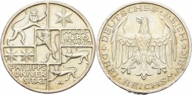 Gedenkausgaben
 3 Reichsmark 1927 A Marburg Jaeger 330 Kl. Randfehler, vorzüglich-prägefrisch