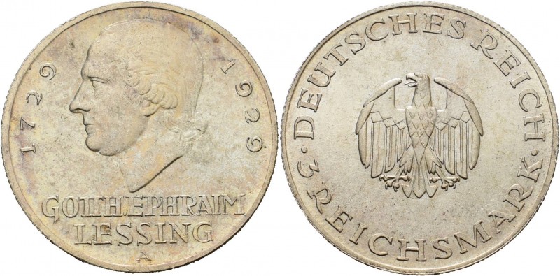 Gedenkausgaben
 3 Reichsmark 1929 A Lessing Jaeger 335 Kl. Kratzer, vorzüglich-...