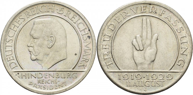 Gedenkausgaben
 5 Reichsmark 1929 J Verfassung Jaeger 341 Vorzüglich-Stempelgla...