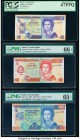 Belize Central Bank 2; 5; 100 Dollars 1.11.2014; 1.11.2011; 1.11.2006 Pick 66e; 67e; 71b Three examples PCGS Superb Gem New 67PPQ; PMG Gem Uncirculate...