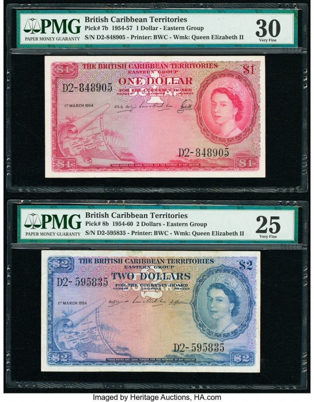 British Caribbean Territories Currency Board 1; 2 Dollar 1.3.1954 Pick 7b; 8b Tw...