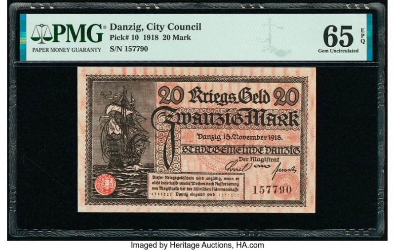 Danzig City Council 20 Mark 15.11.1918 Pick 10 PMG Gem Uncirculated 65 EPQ. 

HI...