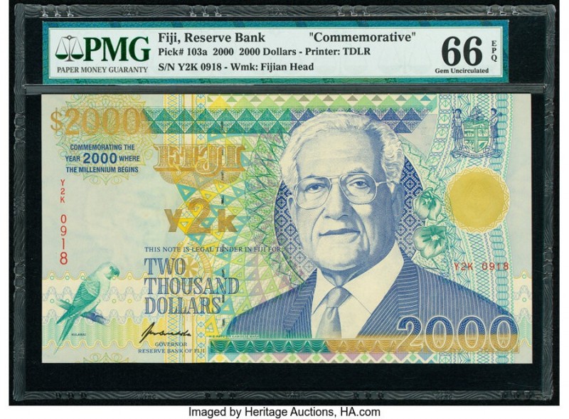 Fiji Reserve Bank of Fiji 2000 Dollars 2000 Pick 103a Commemorative PMG Gem Unci...