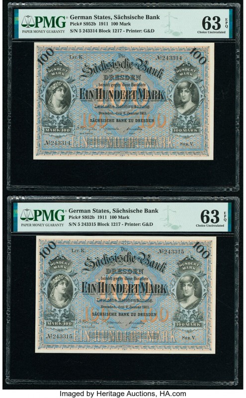 German States Bank of Saxony 100 Mark 2.1.1911 Pick S952b Three Examples PMG Cho...