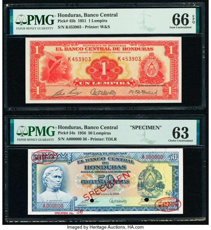 Honduras Banco Central de Honduras 1; 50 Lempira 1951; 1956 Pick 45b; 54s Issued...
