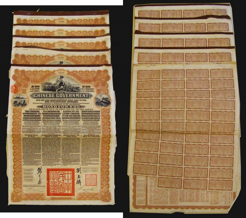 China, Chinese Government 1913 Reorganisation Gold Loan, bonds for &pound;20, Ho...