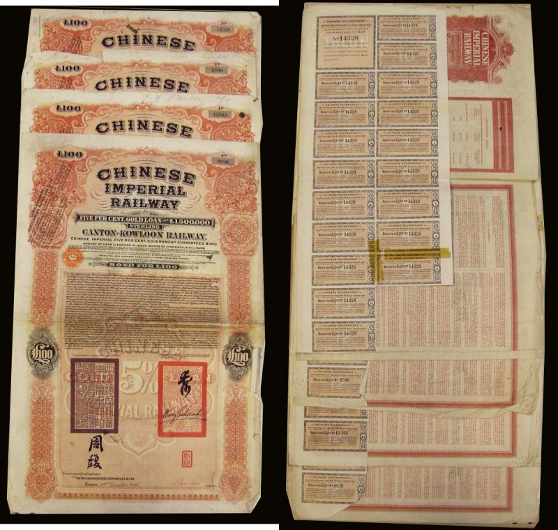 China, Chinese Imperial Railway, Canton-Kowloon Railway, bond for &pound;100 (4)...