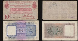 Ten shillings Bradbury T13 issued 1915 serial N/47 048506 Fine with pinholes, British Military Authority Ten Shillings 1940 issue Pick M5 VF serial 03...