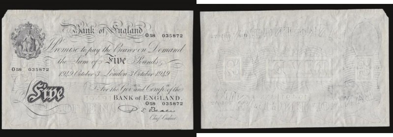 Five Pounds Beale white note B270 dated October 3rd 1949, series O58 035872, (Pi...