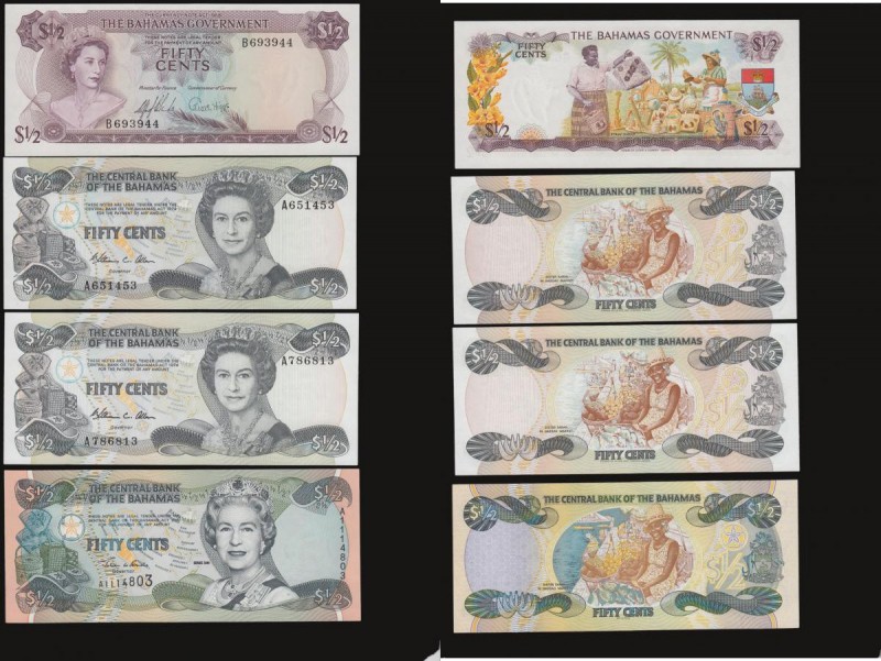 Bahamas 1/2 Dollars (4) L 1965 Pick 17, L 1974 (1984) Pick 42a (2), 2001 Pick 68...