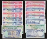 Barbados $1 1973 Pick 29 (3) $2 1980 Pick 30a ,1986 Pick 36 and 2000 Pick 54, Belize $1 1.6.1980 Pick 38 all Unc, Bermuda One Dollar 1.7.1975 serial n...