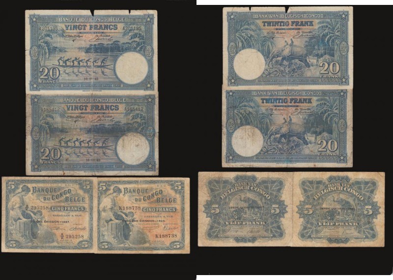 Belgian Congo (4) 5 Francs Pick 13a (2) 1943 and 1947, 20 Francs 10.9.40 Pick 15...