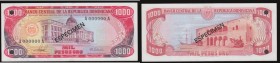 Dominican Republic 1000 Pesos Oro SPECIMEN issued 1981 series A000000A, Pick124s1, especimen overprint & 2 punched holes, about UNC to UNC

Estimate...
