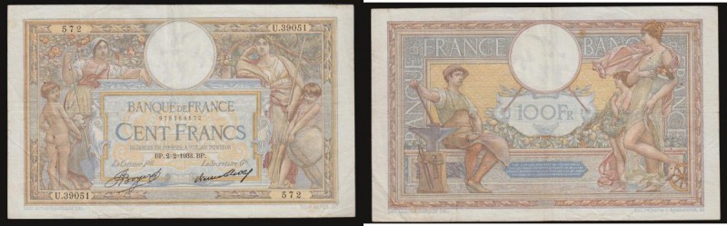 France 100 Francs 1923-1937 issue, dated 2-2-1933 Pick 78c Good Fine with some s...