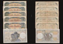 French West Africa (6) 100 Francs 1940 issue Pick 23 About Fine with some folds and staple holes, Five Francs (5) Dakar 1929 issues (2) Pick 5Bf VG ea...