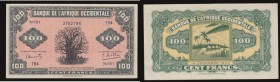 French West Africa 100 Francs World War II issue Pick 31a dated 14th December 1942 variety with serial numbers block N151 794 number 3762794, a presen...