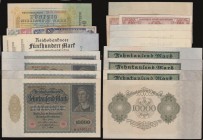Germany 10000 Marks 1922 Pick 70 (3) NVF, NEF and EF, 1922 Pick 71 EF, 500 Marks 1923 with green 7-digit serial numbers Pick 74b (3) EF with two conse...
