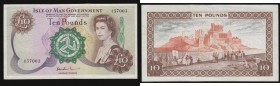 Isle of Man 10 Pounds Pick 31b (BY IM51b; M518) ND 1975 signature John Paul serial number 157003, VF - GVF and Scarce. Brown and green on multi-colour...