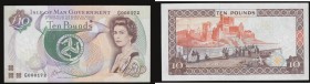 Isle of Man 10 Pounds Pick 44a (BY IM53; IOMPM M536) signature Cashen serial number G 000172, GVF. Brown and green on multicolour featuring Queen Eliz...