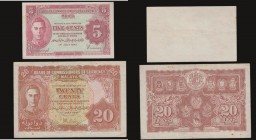 Malaya (2) Twenty Cents 1941 issue Pick 9a Good Fine or slightly better with a few small spots, Five Cents 1941 issue Pick 7a VF with a small foxing s...